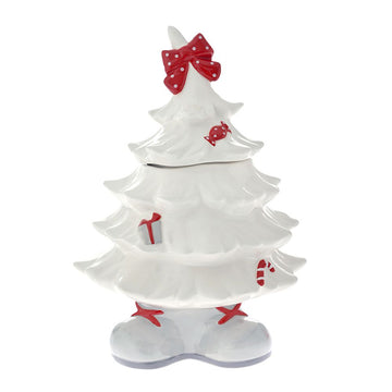 CHRISTMAS TREE COOKIE BOX IN WHITE/RED CERAMIC DESIGN 18X16X24CM 