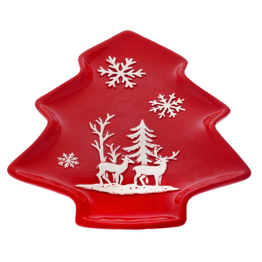 RED CERAMIC PLATE CHRISTMAS TREE 24X20X2CM 